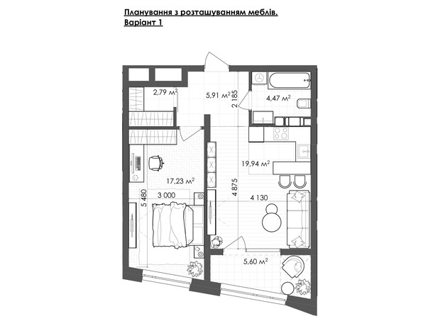 ЖК Krauss Gallery: планировка 1-комнатной квартиры 55.94 м²