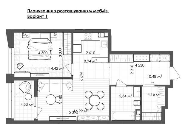 ЖК Krauss Gallery: планировка 1-комнатной квартиры 64.86 м²