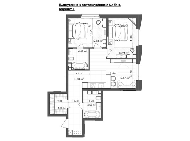 ЖК Krauss Gallery: планировка 2-комнатной квартиры 70.16 м²