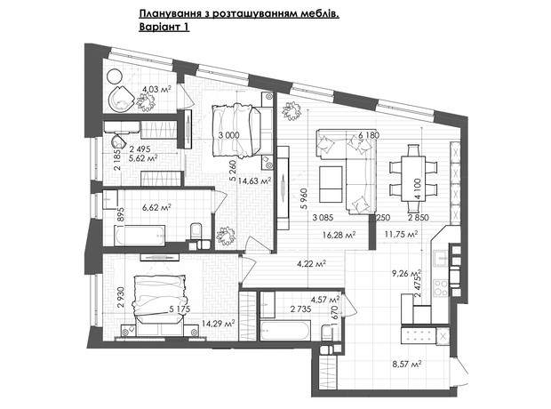 ЖК Krauss Gallery: планировка 2-комнатной квартиры 99.84 м²