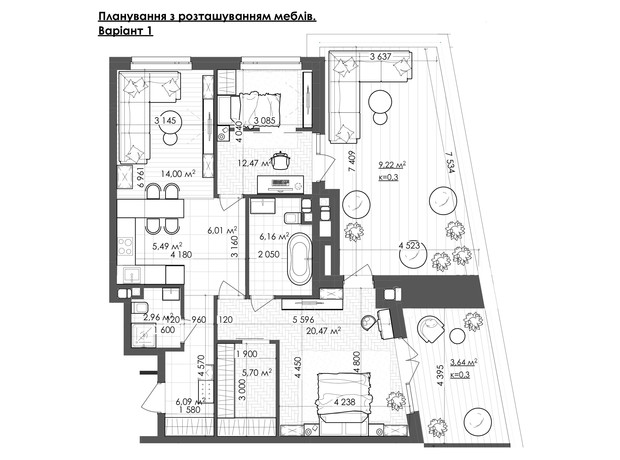 ЖК Krauss Gallery: планування 2-кімнатної квартири 92.21 м²