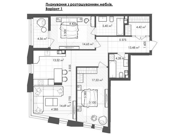 ЖК Krauss Gallery: планування 2-кімнатної квартири 92.51 м²