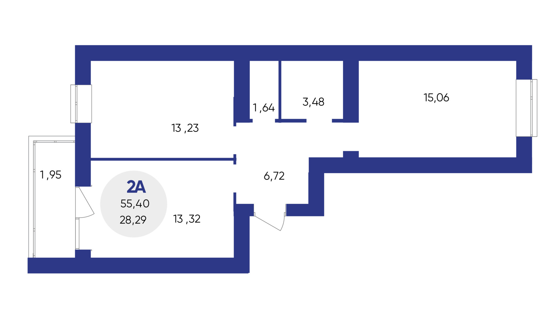 Планировка 2-комнатной квартиры в ЖК Атмосфера 55.4 м², фото 639645