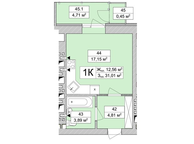 ЖК Atmosfera Life: планировка 1-комнатной квартиры 31.01 м²