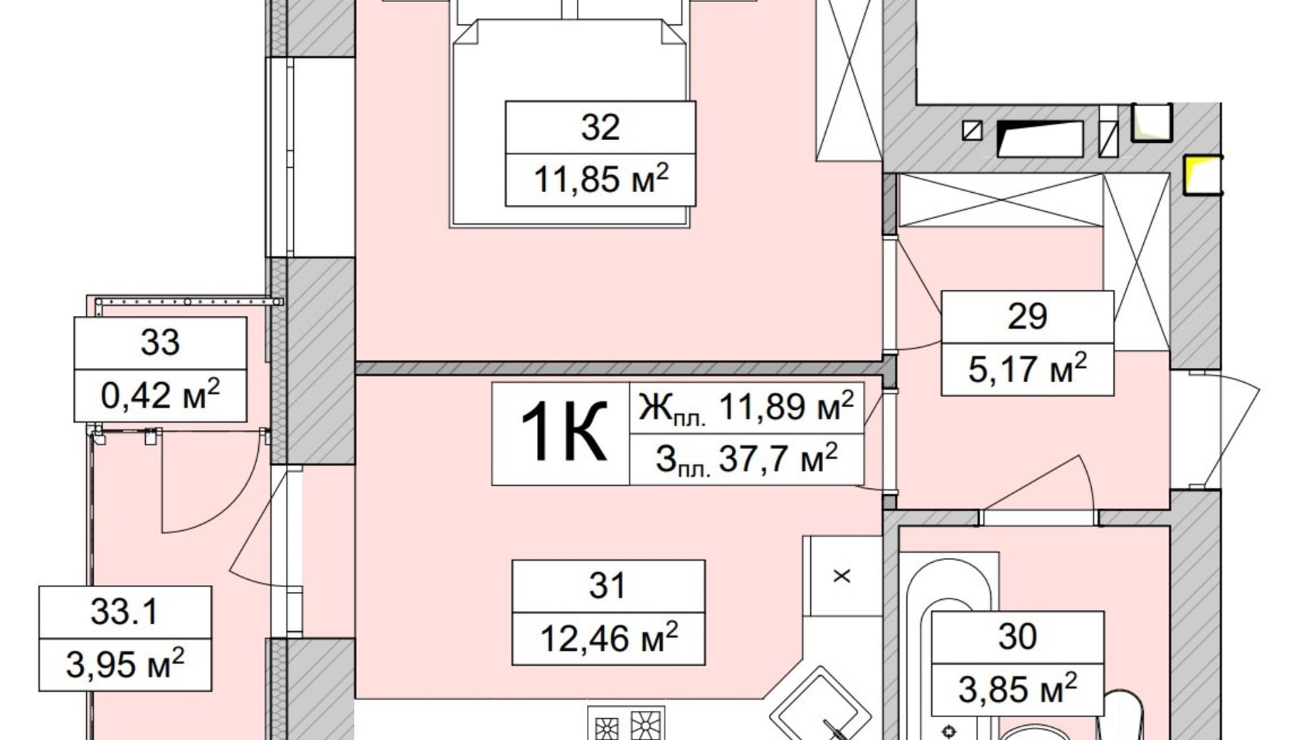 Планування 1-кімнатної квартири в ЖК Atmosfera Life 38.32 м², фото 639656