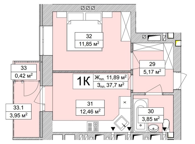 ЖК Atmosfera Life: планировка 1-комнатной квартиры 38.32 м²