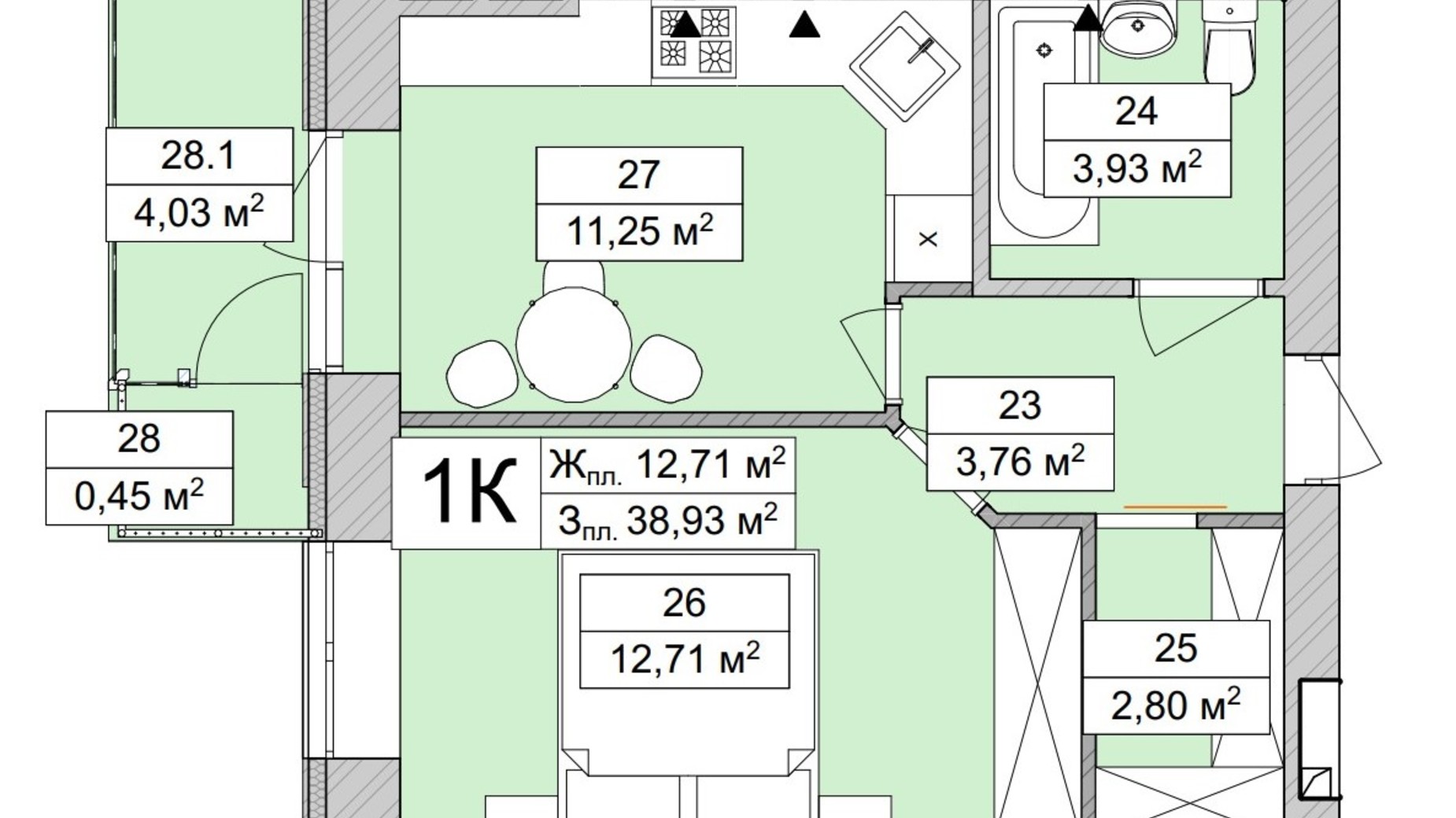 Планування 1-кімнатної квартири в ЖК Atmosfera Life 39.44 м², фото 639658