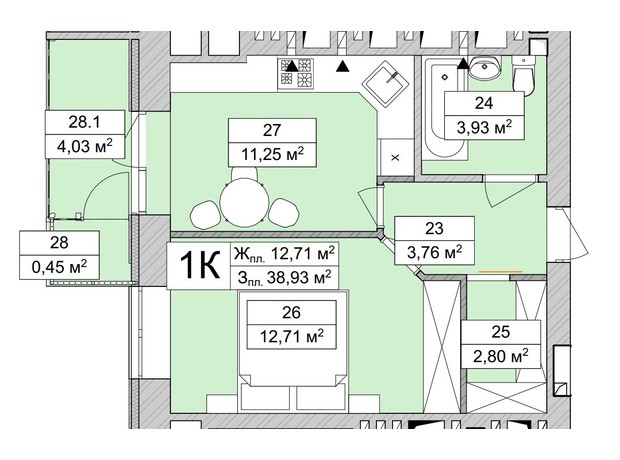 ЖК Atmosfera Life: планування 1-кімнатної квартири 39.44 м²