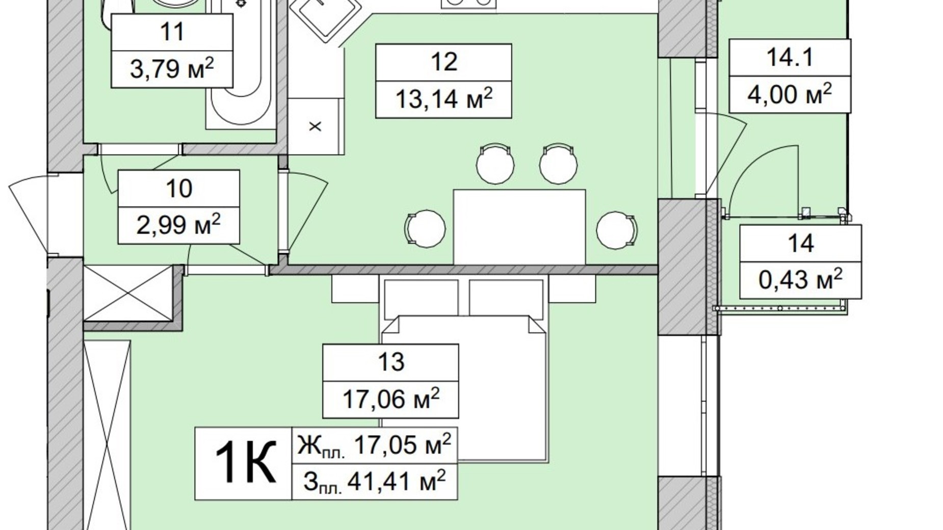 Планування 1-кімнатної квартири в ЖК Atmosfera Life 41.41 м², фото 639659