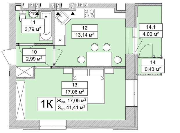 ЖК Atmosfera Life: планировка 1-комнатной квартиры 41.41 м²