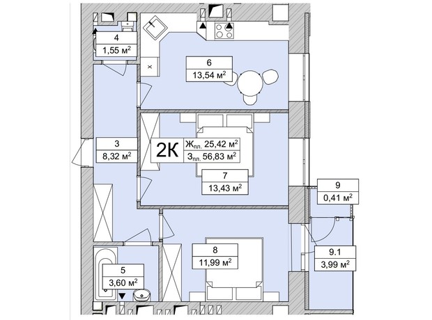 ЖК Atmosfera Life: планировка 2-комнатной квартиры 57.35 м²