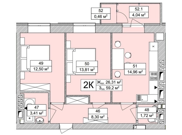 ЖК Atmosfera Life: планировка 2-комнатной квартиры 59.65 м²