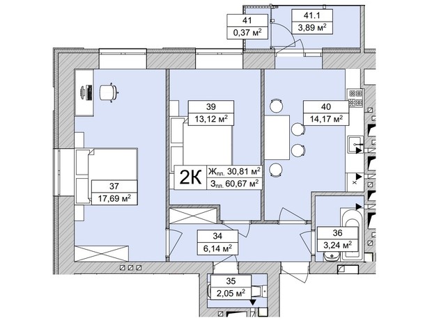 ЖК Atmosfera Life: планировка 2-комнатной квартиры 60.67 м²