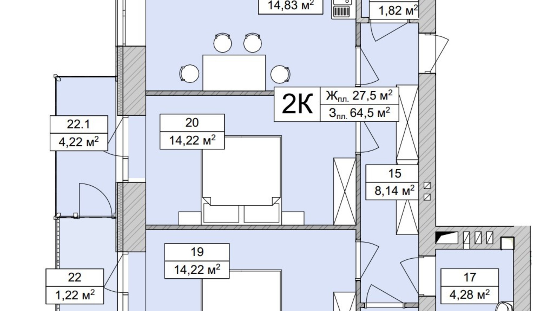 Планировка 2-комнатной квартиры в ЖК Atmosfera Life 64.84 м², фото 639663