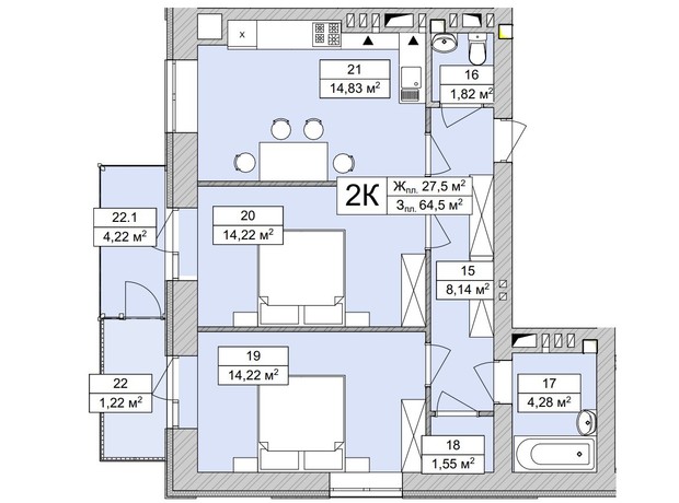 ЖК Atmosfera Life: планировка 2-комнатной квартиры 64.84 м²