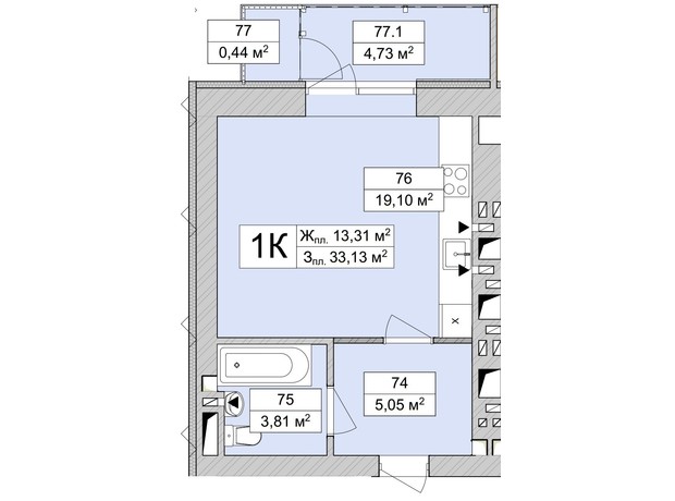 ЖК Atmosfera Life: планировка 1-комнатной квартиры 33.46 м²