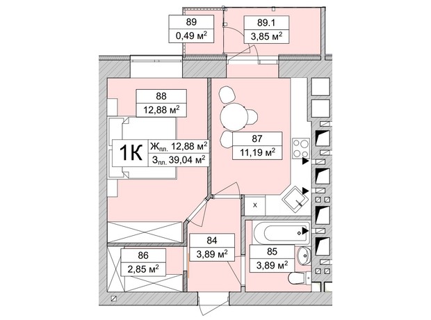 ЖК Atmosfera Life: планування 1-кімнатної квартири 39.57 м²