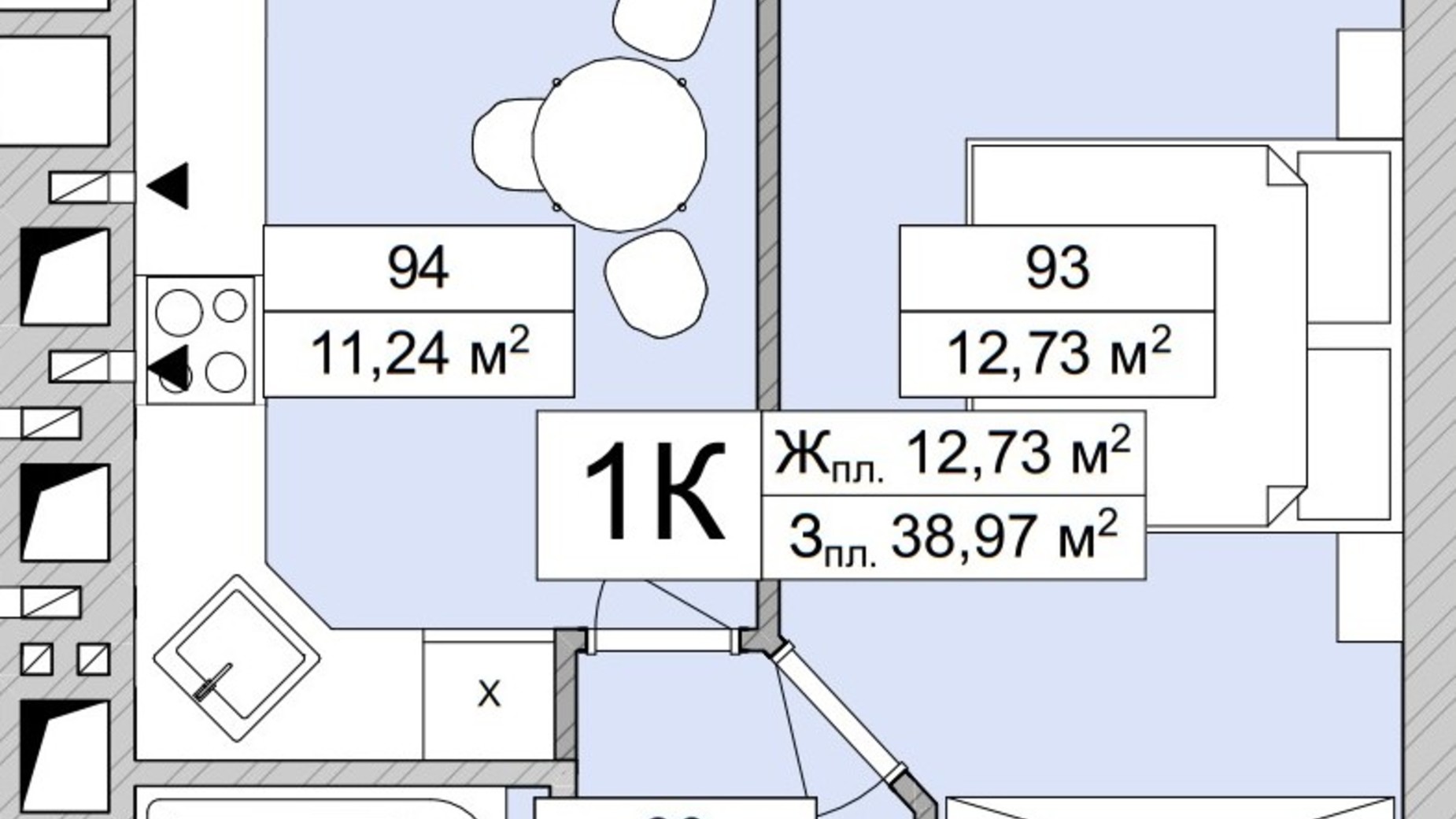 Планування 1-кімнатної квартири в ЖК Atmosfera Life 39.51 м², фото 639671