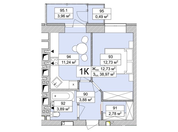 ЖК Atmosfera Life: планировка 1-комнатной квартиры 39.51 м²