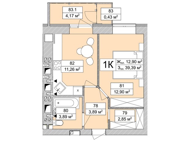 ЖК Atmosfera Life: планировка 1-комнатной квартиры 39.93 м²