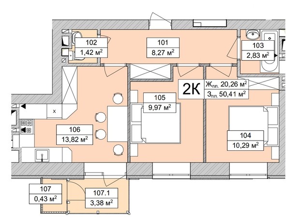 ЖК Atmosfera Life: планировка 2-комнатной квартиры 51.72 м²