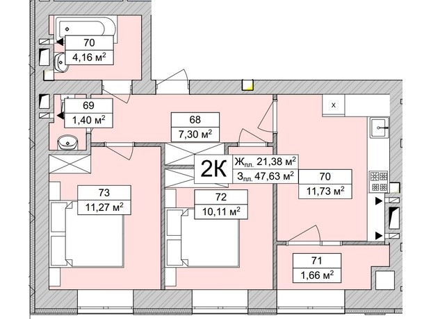 ЖК Atmosfera Life: планировка 2-комнатной квартиры 48.56 м²