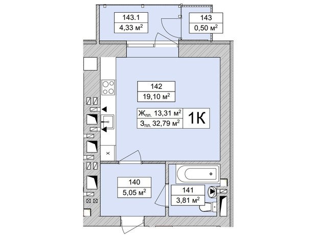 ЖК Atmosfera Life: планировка 1-комнатной квартиры 32.79 м²