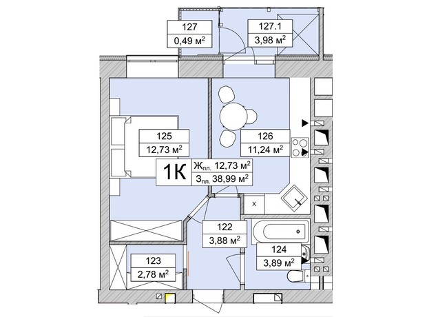 ЖК Atmosfera Life: планування 1-кімнатної квартири 39.53 м²