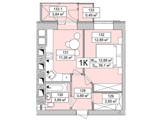 ЖК Atmosfera Life: планировка 1-комнатной квартиры 39.1 м²