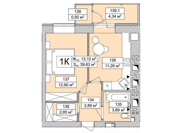 ЖК Atmosfera Life: планування 1-кімнатної квартири 39.63 м²