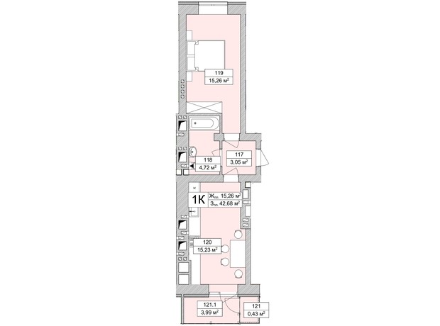 ЖК Atmosfera Life: планировка 1-комнатной квартиры 43.21 м²