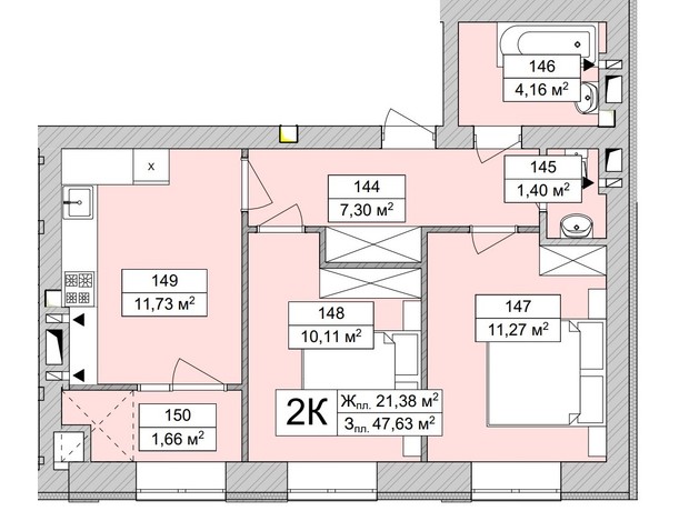 ЖК Atmosfera Life: планировка 2-комнатной квартиры 47.63 м²