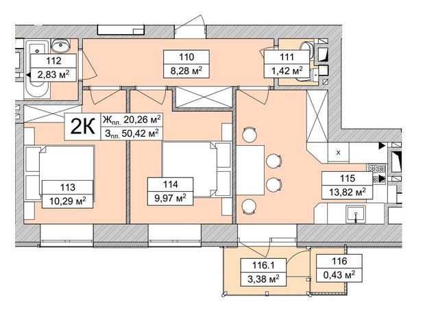 ЖК Atmosfera Life: планировка 2-комнатной квартиры 50.42 м²