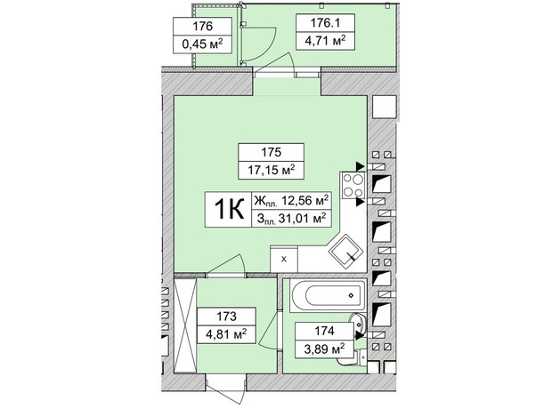 ЖК Atmosfera Life: планировка 1-комнатной квартиры 31.37 м²
