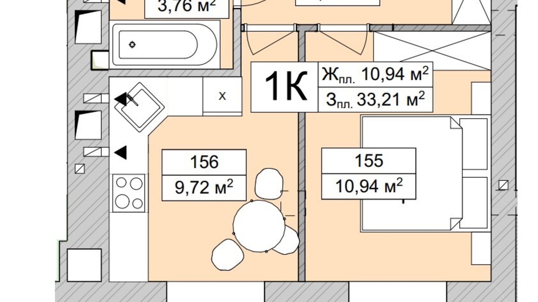 Планування 1-кімнатної квартири в ЖК Atmosfera Life 33.96 м², фото 639684