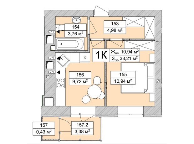 ЖК Atmosfera Life: планировка 1-комнатной квартиры 33.96 м²