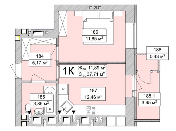 ЖК Atmosfera Life: планування 1-кімнатної квартири 38.33 м²