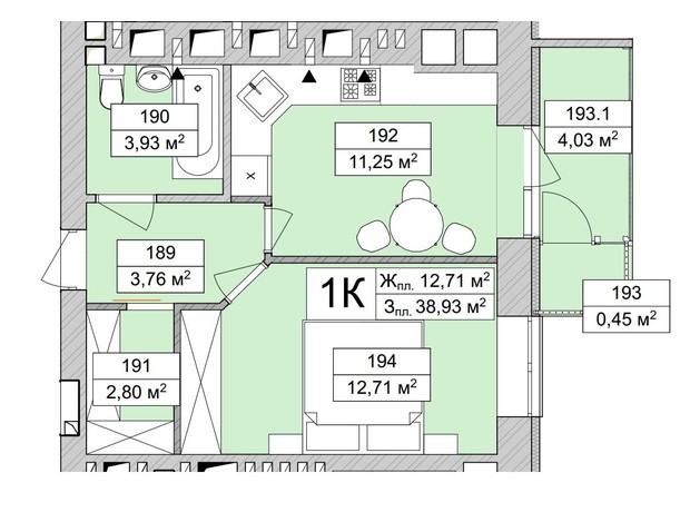 ЖК Atmosfera Life: планировка 1-комнатной квартиры 39.44 м²