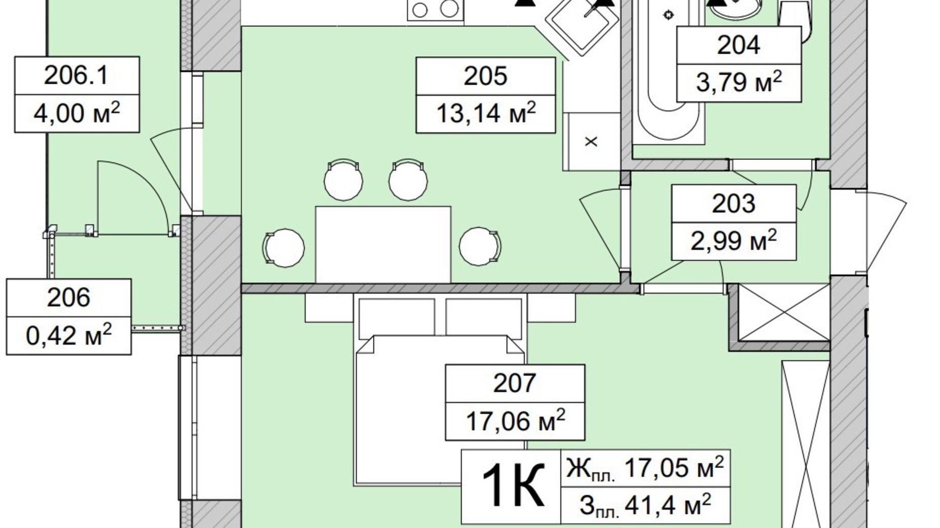 Планування 1-кімнатної квартири в ЖК Atmosfera Life 41.98 м², фото 639687