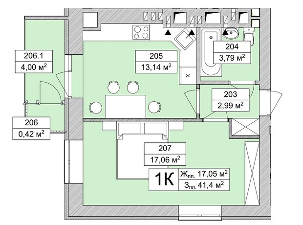 ЖК Atmosfera Life: планировка 1-комнатной квартиры 41.98 м²