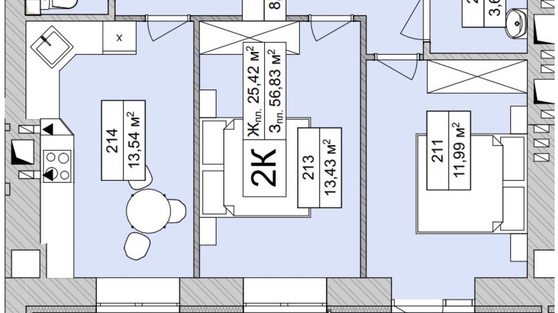 Планировка 2-комнатной квартиры в ЖК Atmosfera Life 56.83 м², фото 639688