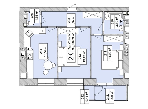 ЖК Atmosfera Life: планировка 2-комнатной квартиры 56.83 м²