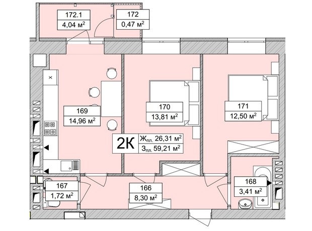 ЖК Atmosfera Life: планировка 2-комнатной квартиры 59.21 м²