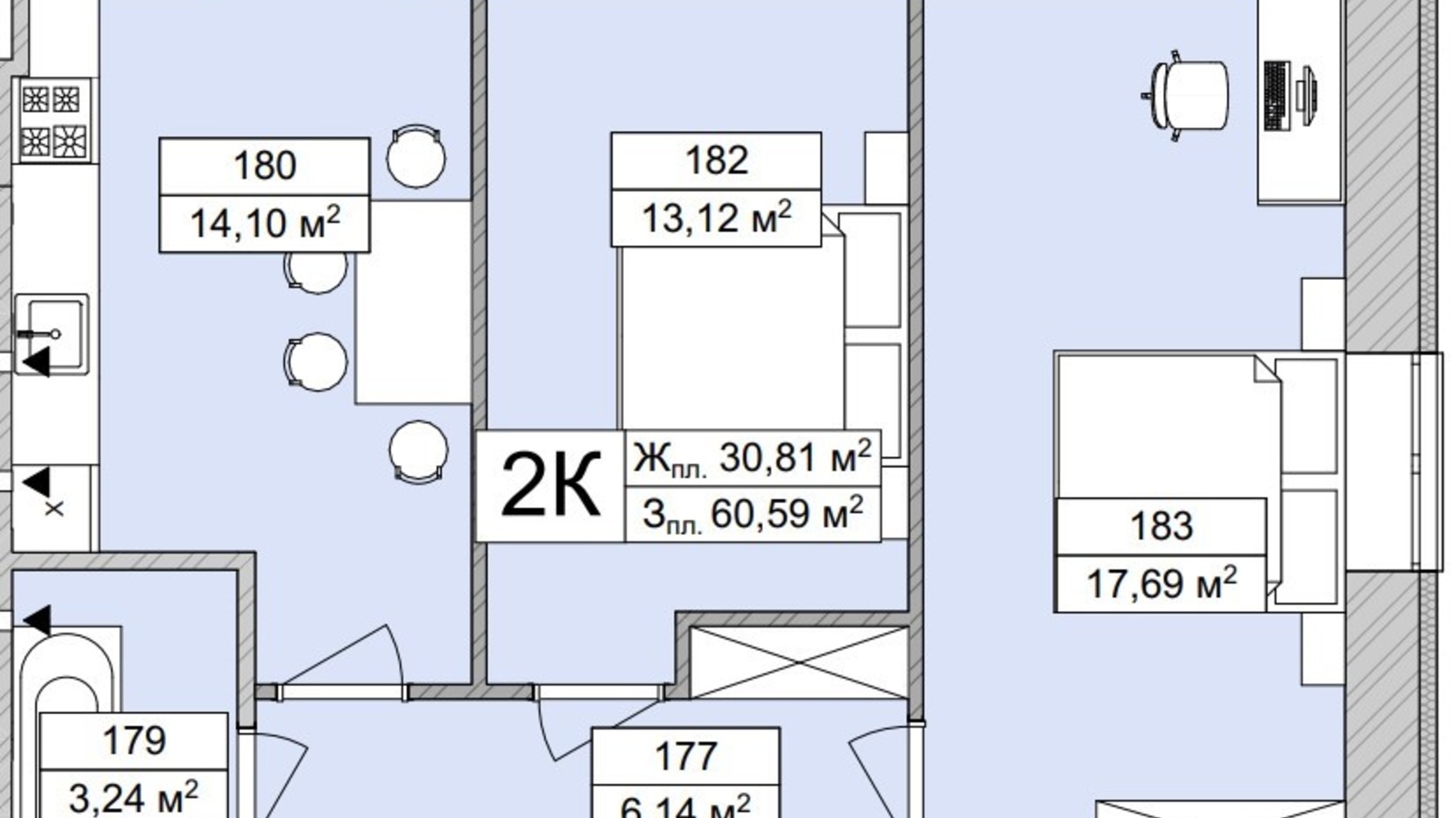 Планування 2-кімнатної квартири в ЖК Atmosfera Life 60.59 м², фото 639690