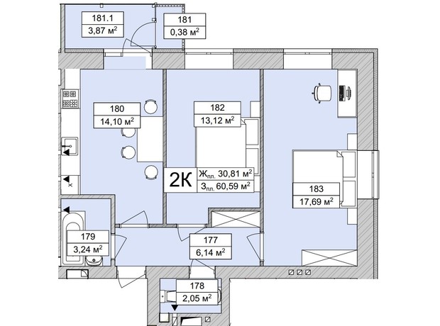 ЖК Atmosfera Life: планировка 2-комнатной квартиры 60.59 м²