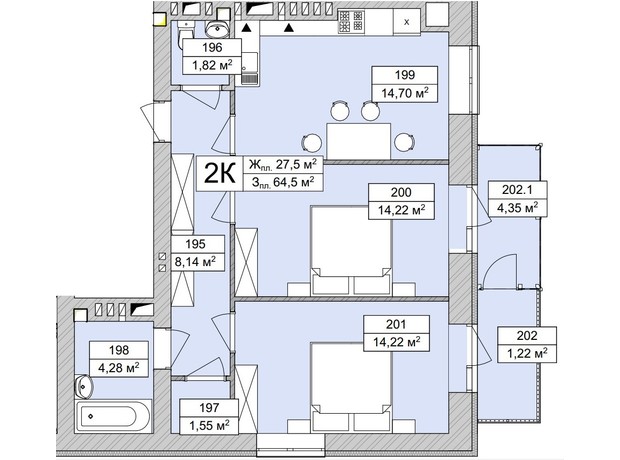 ЖК Atmosfera Life: планировка 2-комнатной квартиры 64.5 м²