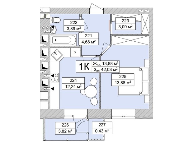 ЖК Atmosfera Life: планировка 1-комнатной квартиры 42.03 м²