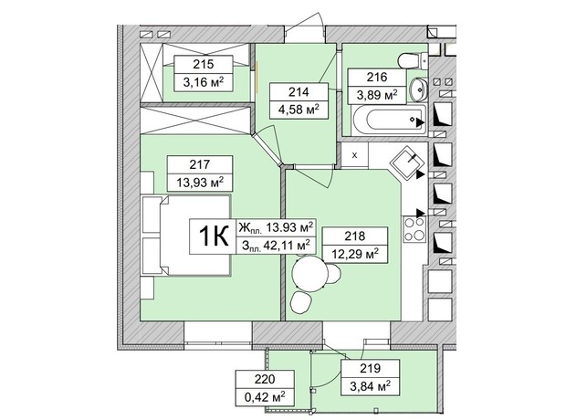 ЖК Atmosfera Life: планировка 1-комнатной квартиры 42.11 м²