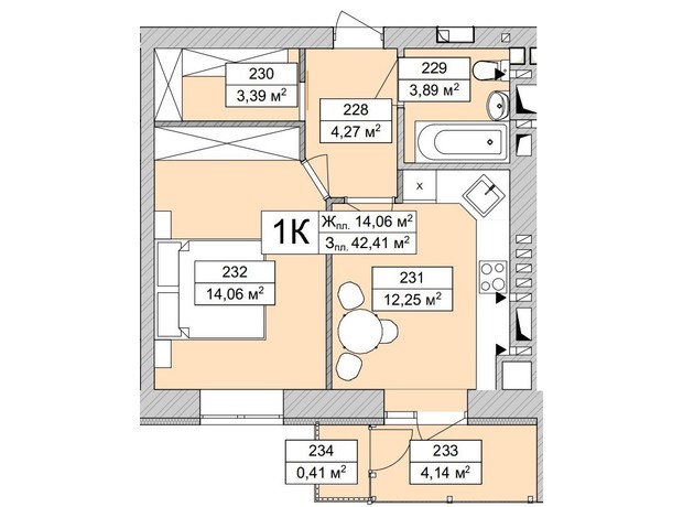 ЖК Atmosfera Life: планування 1-кімнатної квартири 43 м²