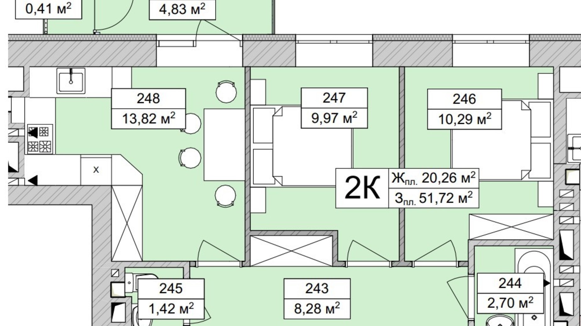 Планування 2-кімнатної квартири в ЖК Atmosfera Life 51.72 м², фото 639696